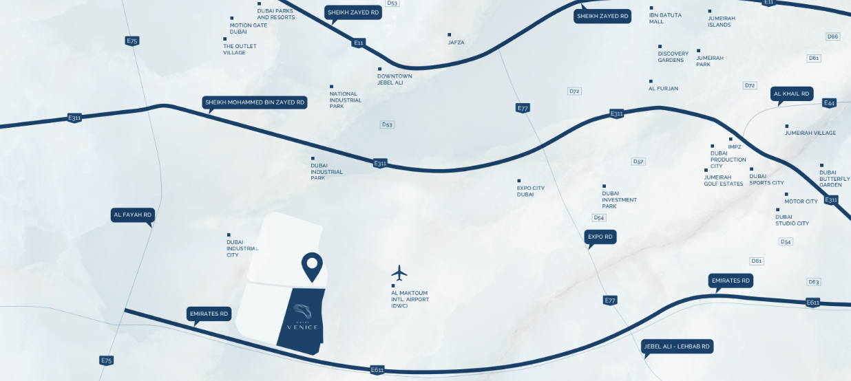 Azizi Venice Dubai elhelyezkedés térkép - Dubai South, Al Maktoum repülőtér közelében, Dubai ingatlan befektetés